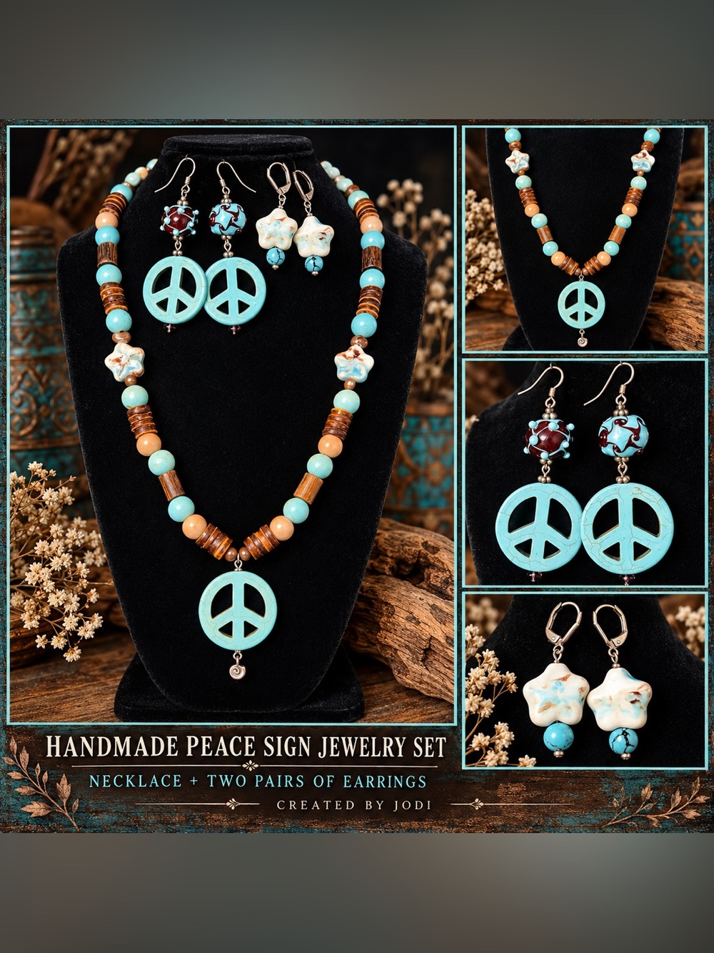 Handcrafted - Turquoise Peace Sign Jewelry Set
